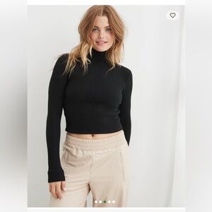 New Aerie Blizzard Waffle Mockneck Crop Long Sleeve T-Shirt In Black Size Small